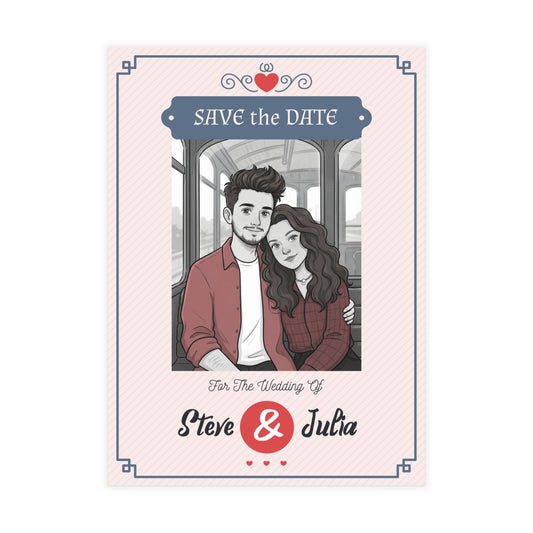 Personalized wedding invitation, bride and groom on a tram
