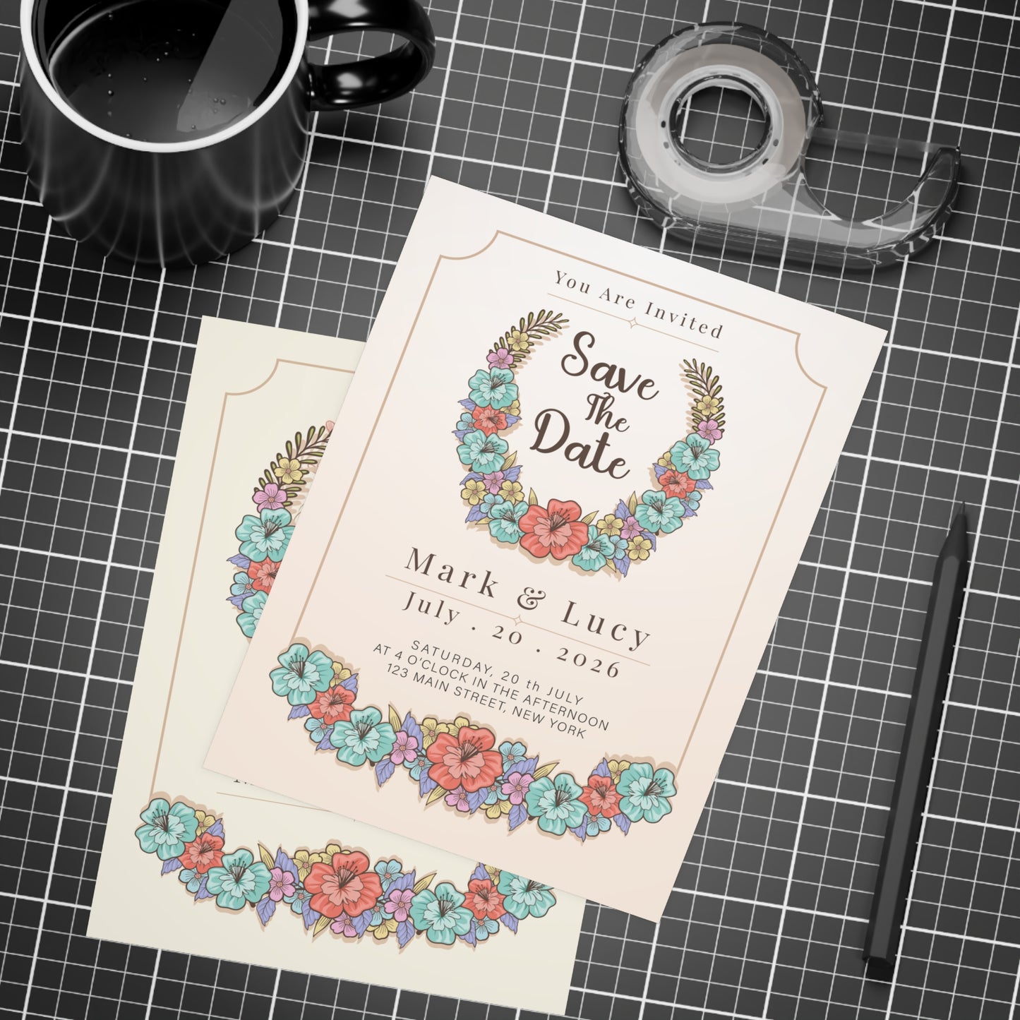 Personalized wedding invitation, coffee and lovers