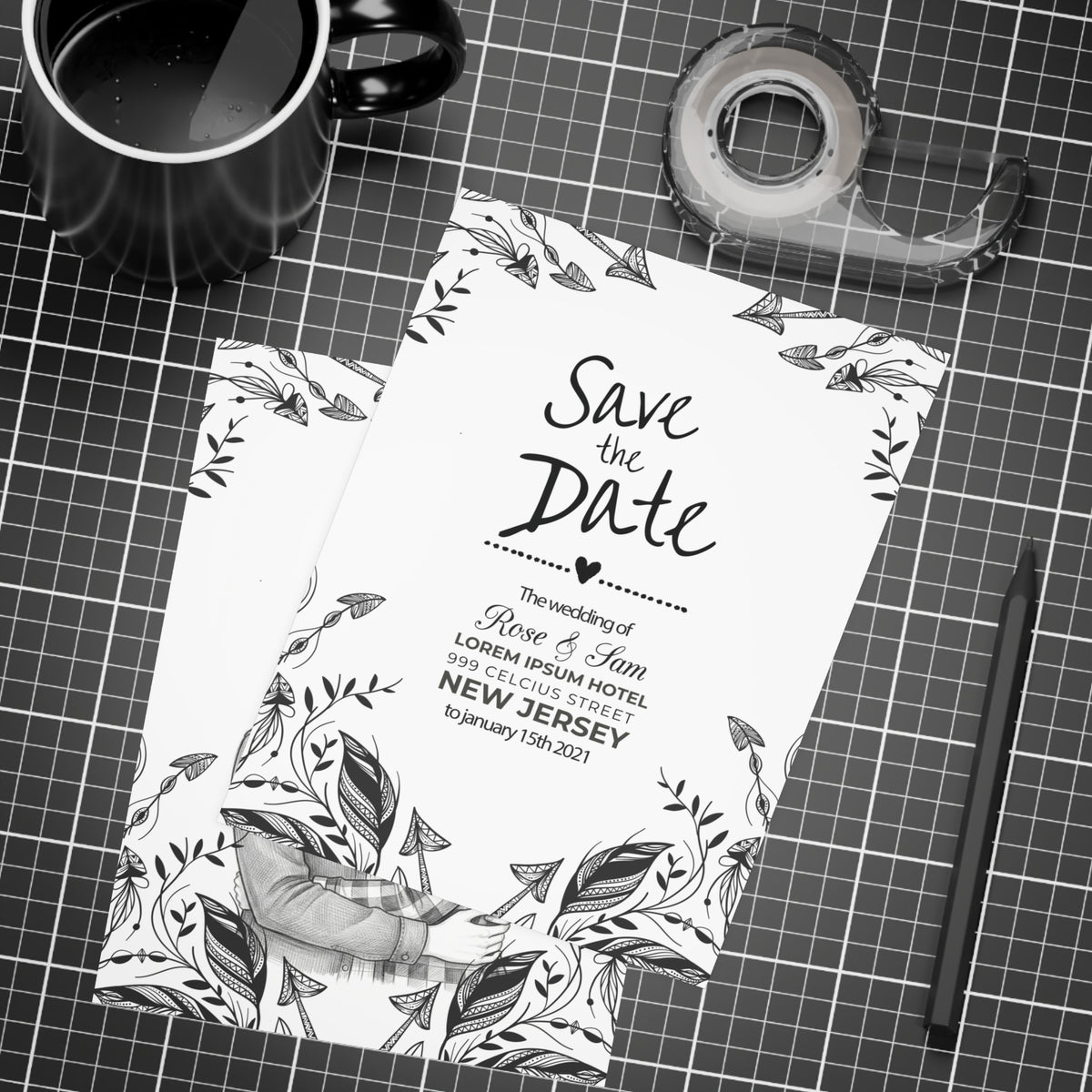 Personalized wedding invitation, charcoal animated drawing of bride and groom