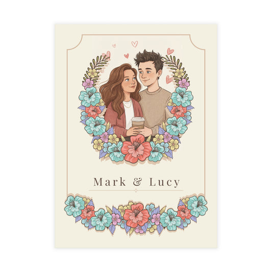 Personalized wedding invitation, coffee and lovers
