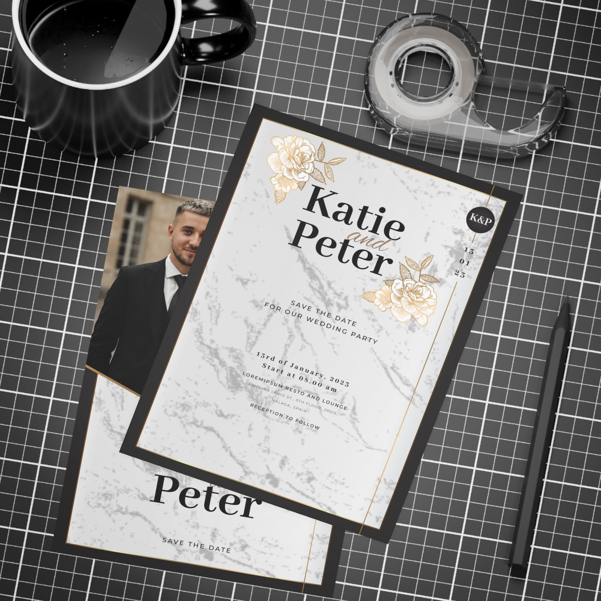 Personalized wedding invitation, bride and groom lifestyle photos