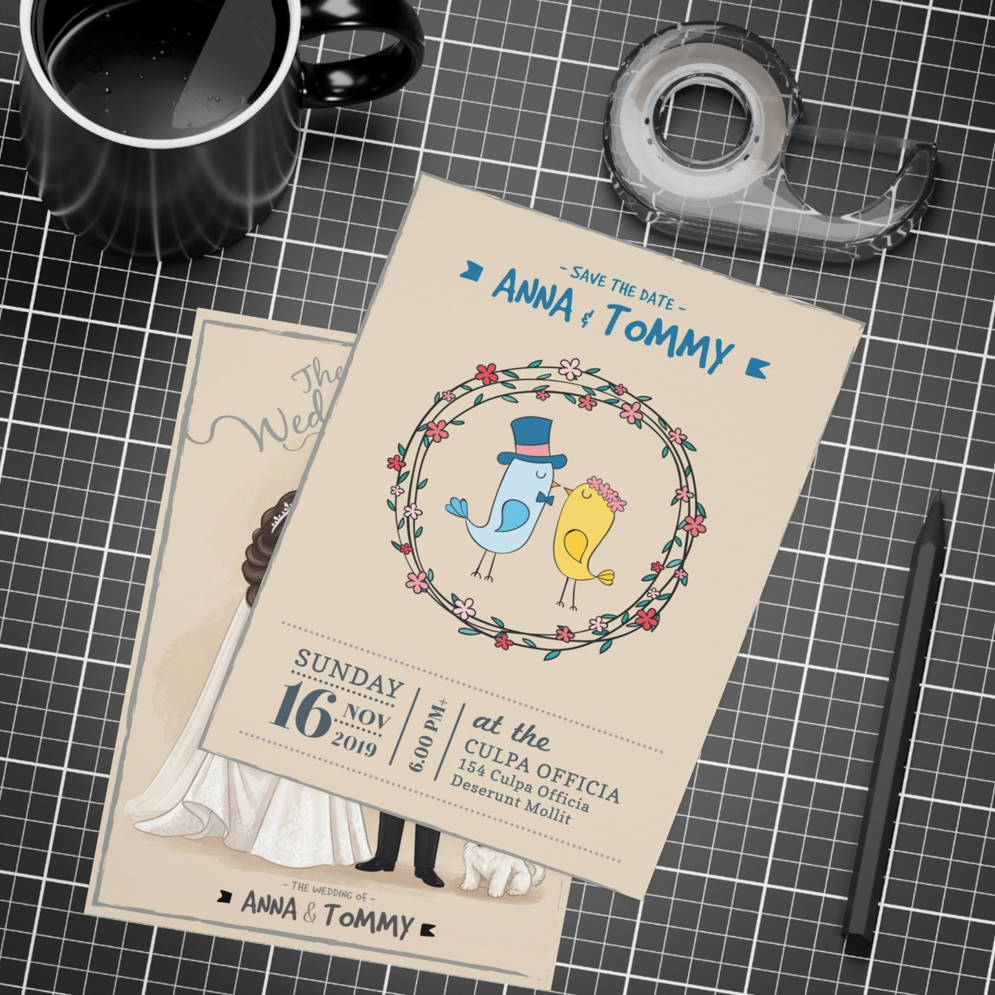 Personalized Wedding Invitation, Bride, Groom and their dog.