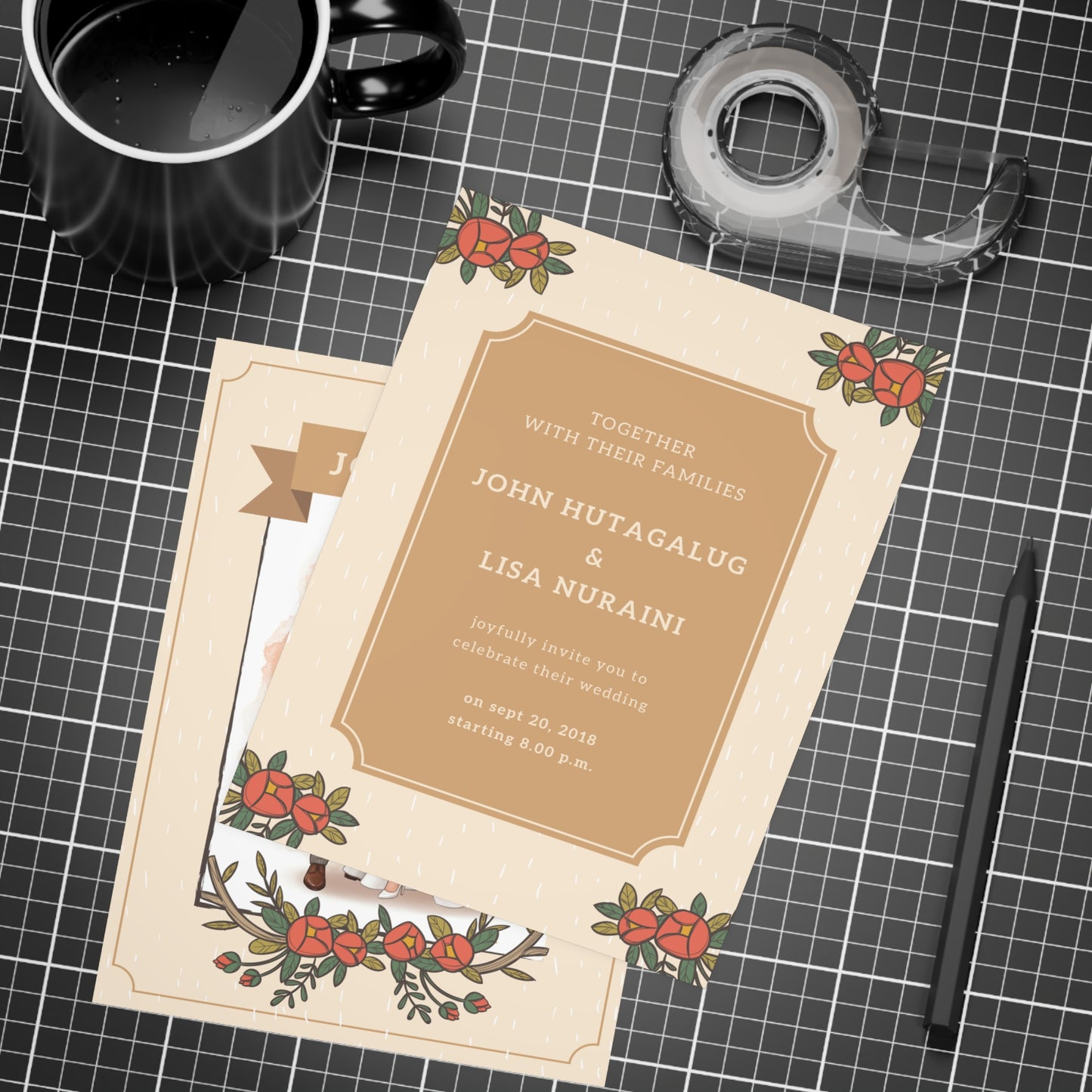 Personalized wedding invitation, bride and groom with watercolor effect