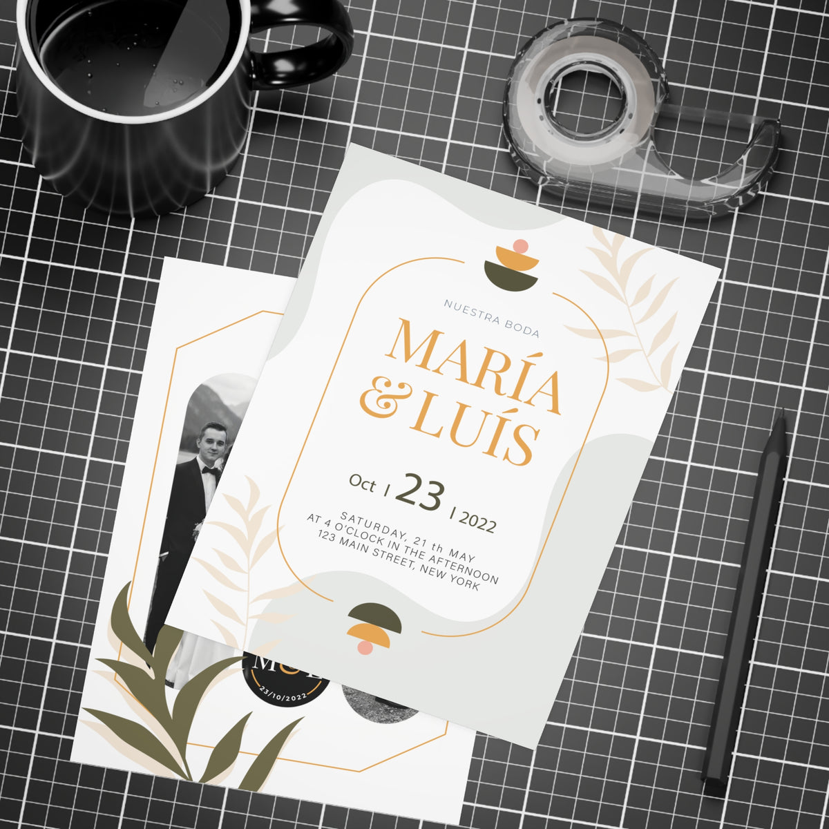 Personalized wedding invitation, black and white bride and groom photo