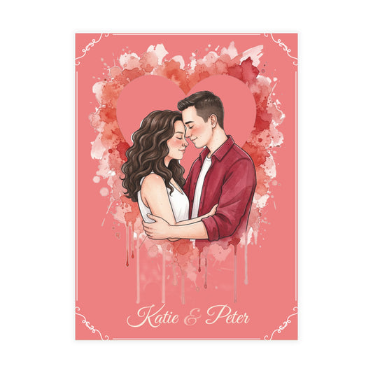 Personalized wedding invitation, bride and groom inside a heart