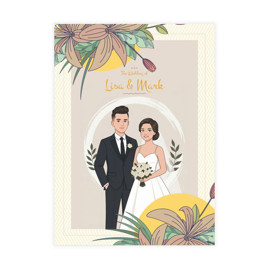 Personalized wedding invitation, bride and groom in the garden of love