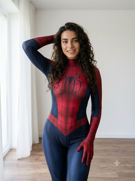 Create a young woman with a Spider-Man design