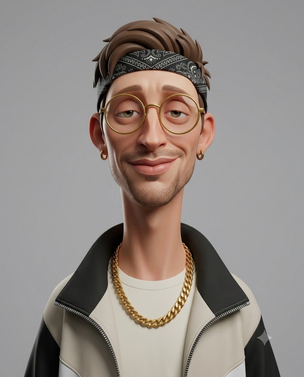 Create an exaggerated stylized 3D caricature character portrait
