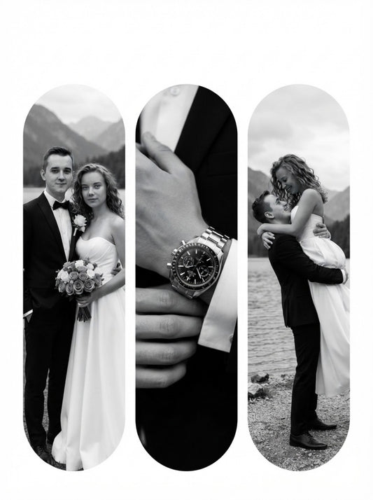Personalized wedding invitation, black and white bride and groom photo