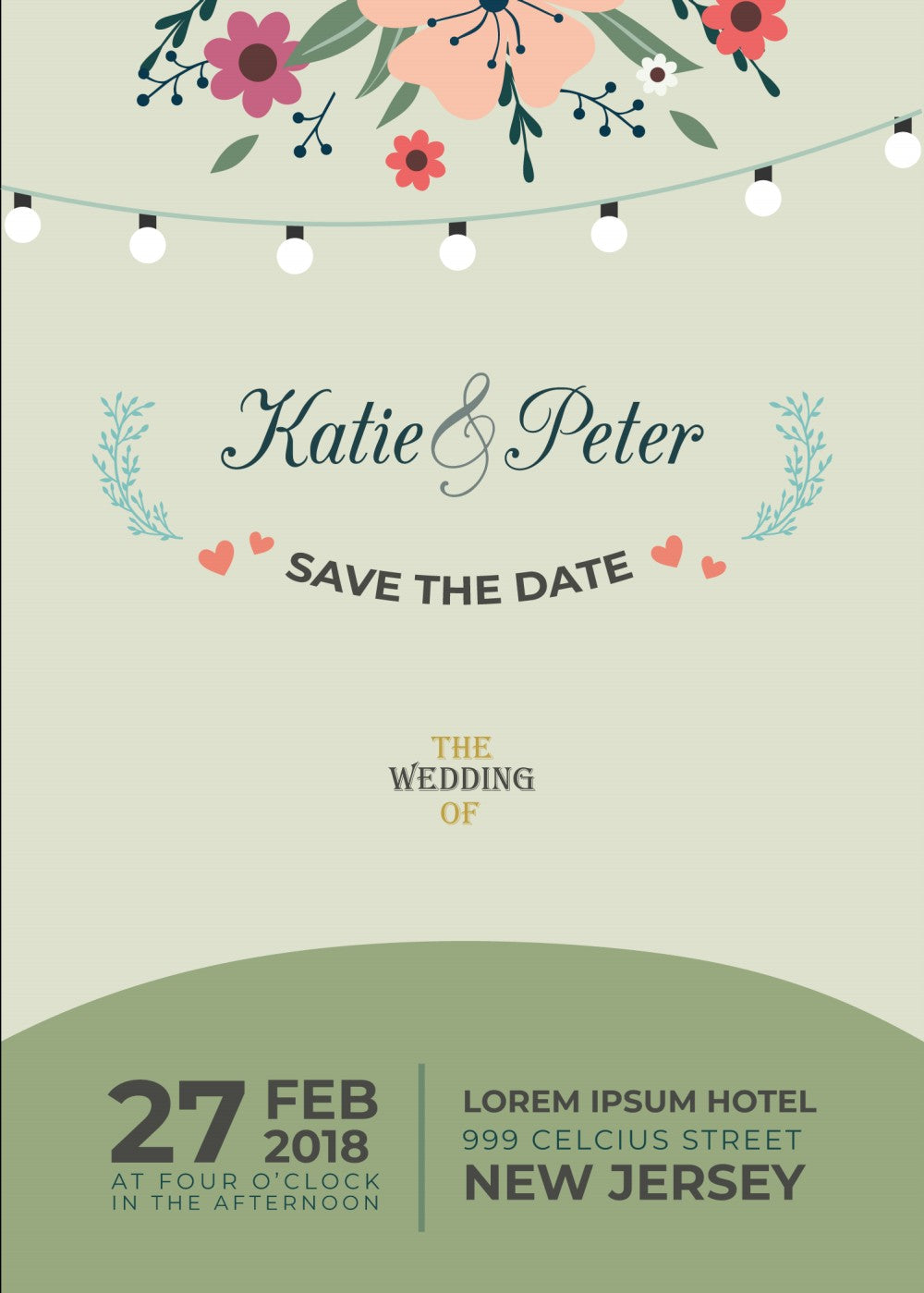 Personalized wedding invitation, bride and groom embracing
