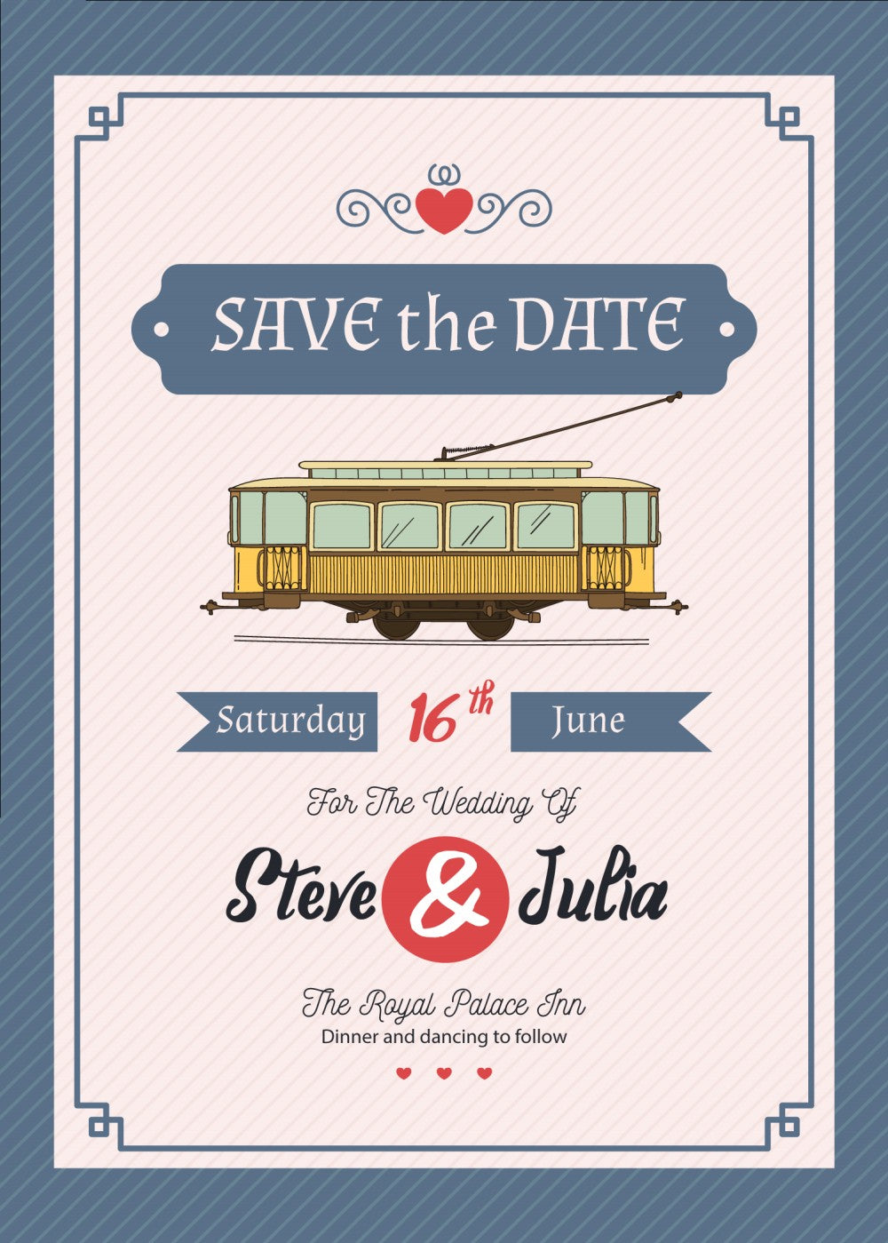 Personalized wedding invitation with video, bride and groom on a tram