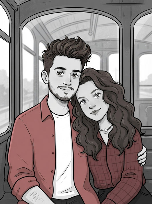 Personalized wedding invitation, bride and groom on a tram