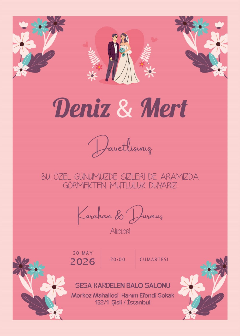 Personalized wedding invitation, bride and groom with pink hearts