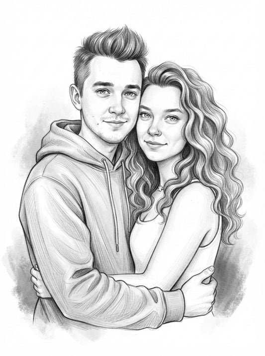 Personalized wedding invitation, charcoal drawing of bride and groom