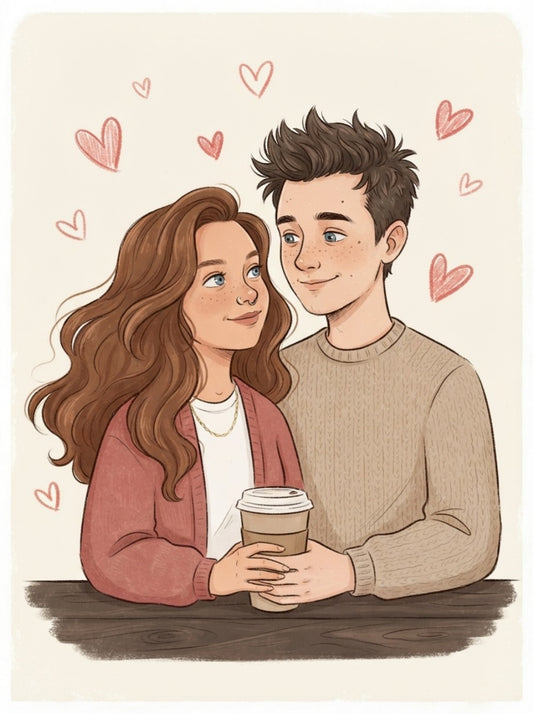 Personalized wedding invitation, coffee and lovers