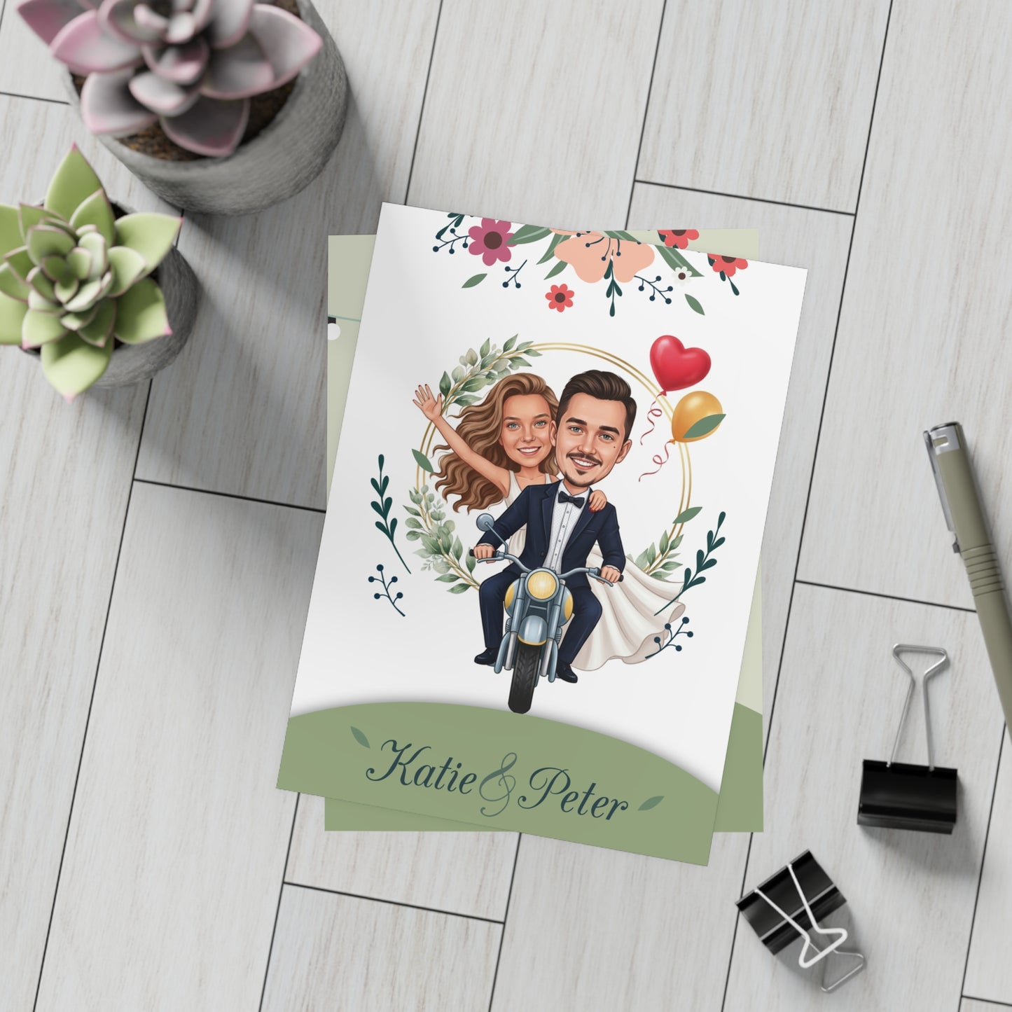 Personalized wedding invitation, happy bride and groom