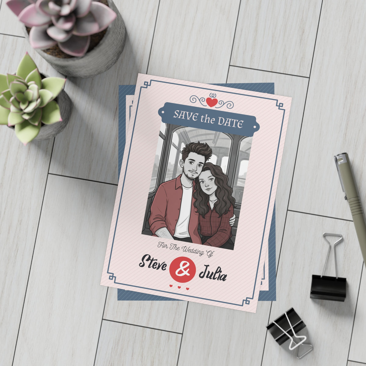 Personalized wedding invitation, bride and groom on a tram