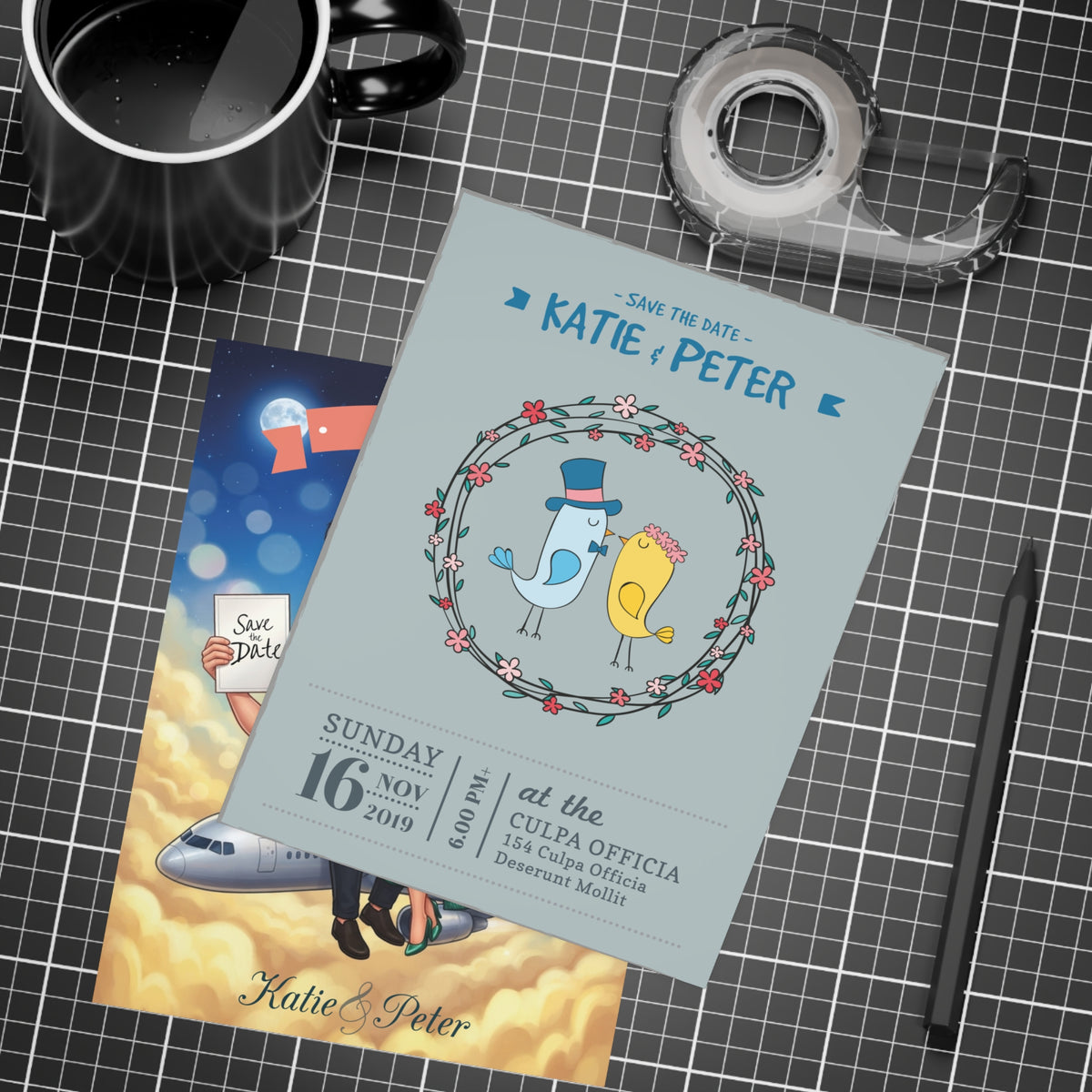 Personalized wedding invitations for a bride and groom who met while traveling