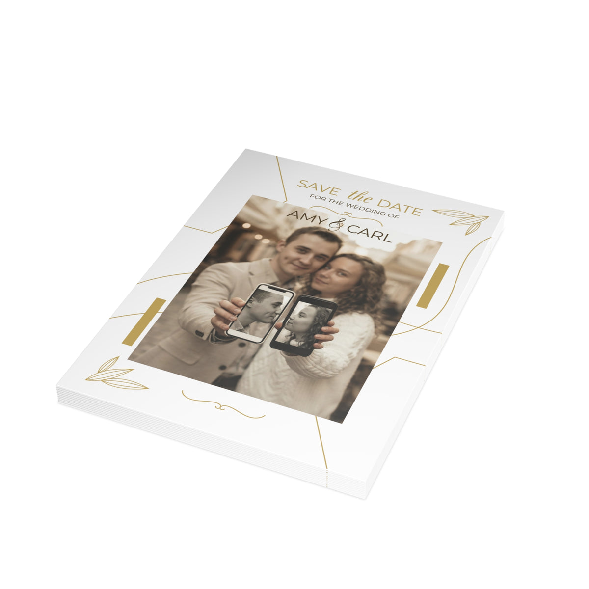Personalized wedding invitation, bride and groom taking selfies with their phones