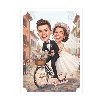 Personalized wedding invitation, bride and groom on bicycles