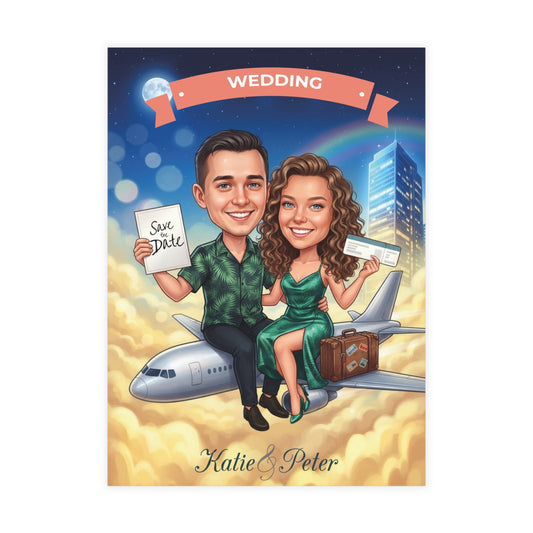 Personalized wedding invitations for a bride and groom who met while traveling