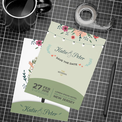 Personalized wedding invitation, happy bride and groom