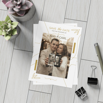 Personalized wedding invitation, bride and groom taking selfies with their phones