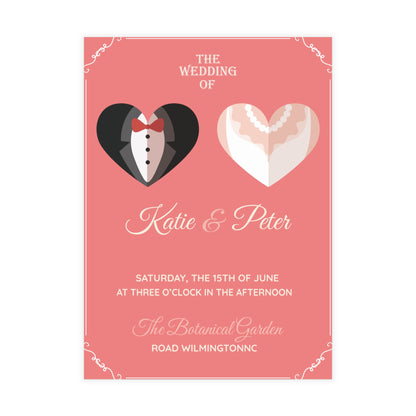 Personalized wedding invitation, bride and groom inside a heart