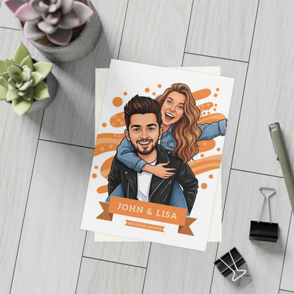 Personalized wedding invitation, bride and groom at the celebration