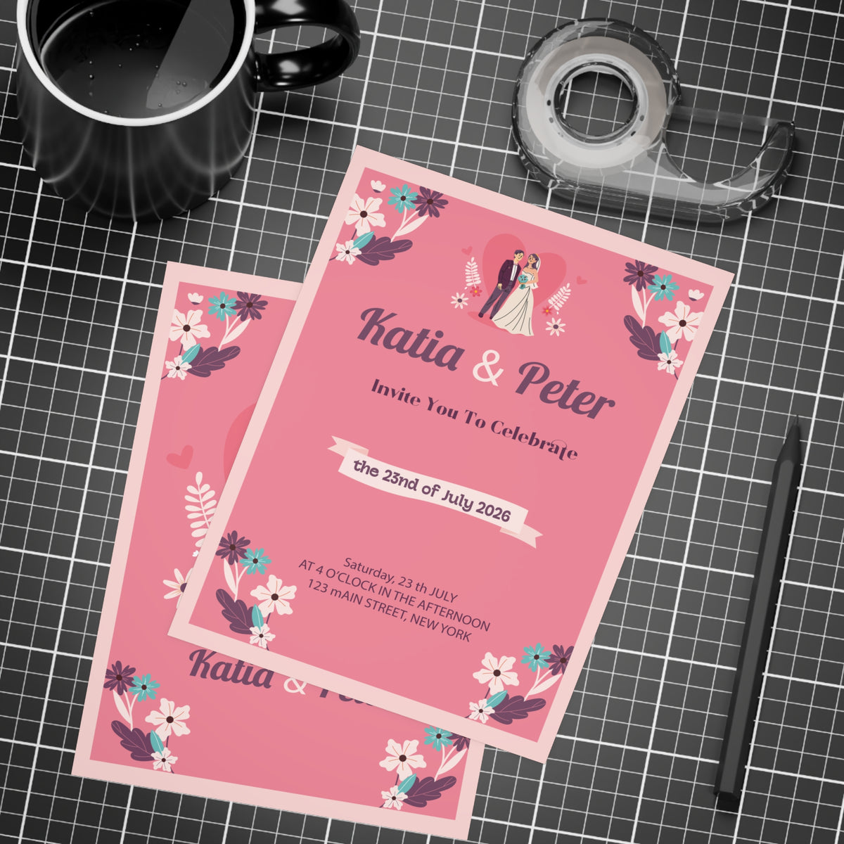 Personalized wedding invitation, bride and groom with pink hearts