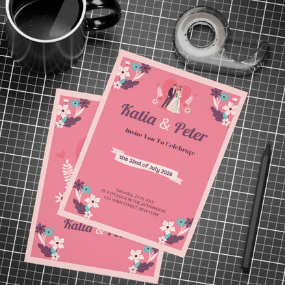 Personalized wedding invitation, bride and groom with pink hearts