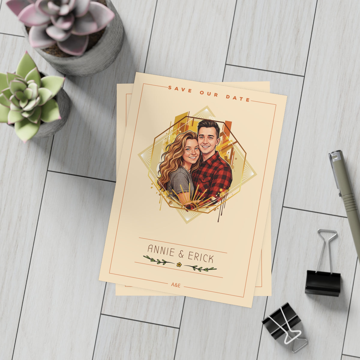 Personalized wedding invitation, colorful design for bride and groom