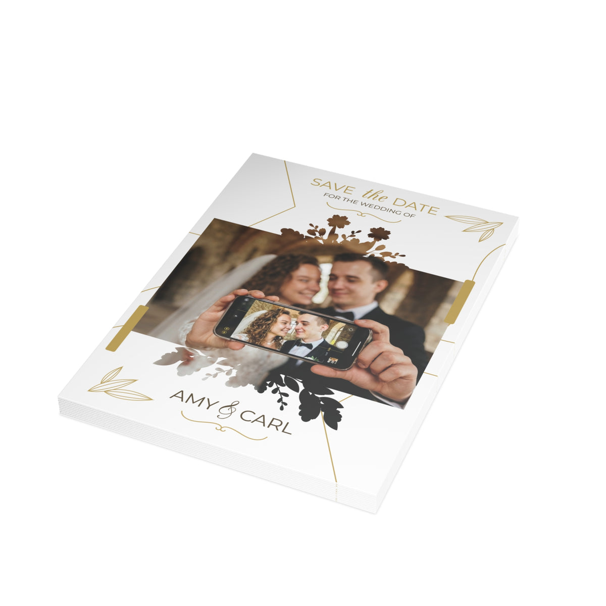 Personalized wedding invitation, bride and groom phone selfie