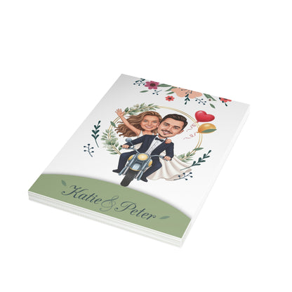 Personalized wedding invitation, happy bride and groom