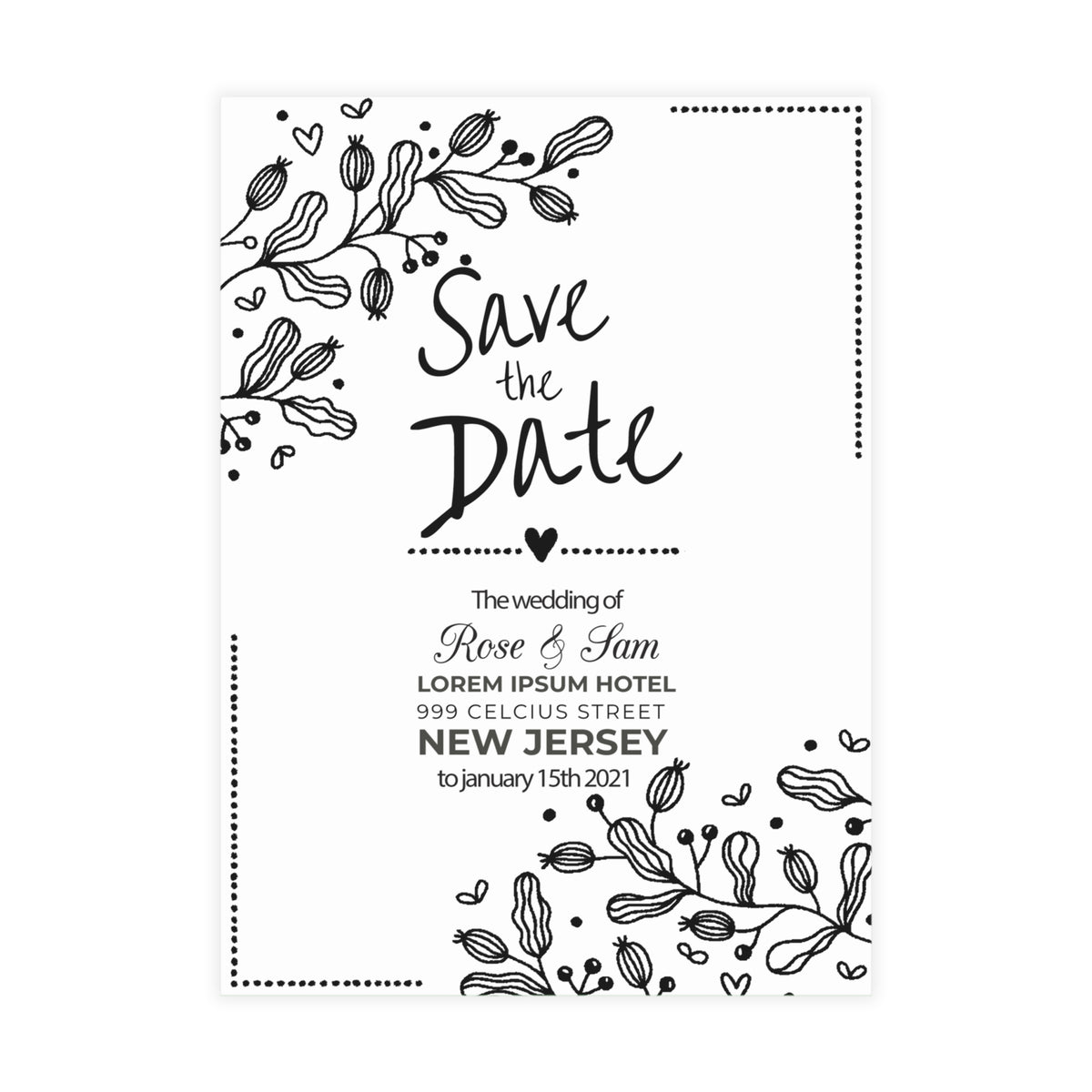 Personalized wedding invitation, charcoal drawing of bride and groom