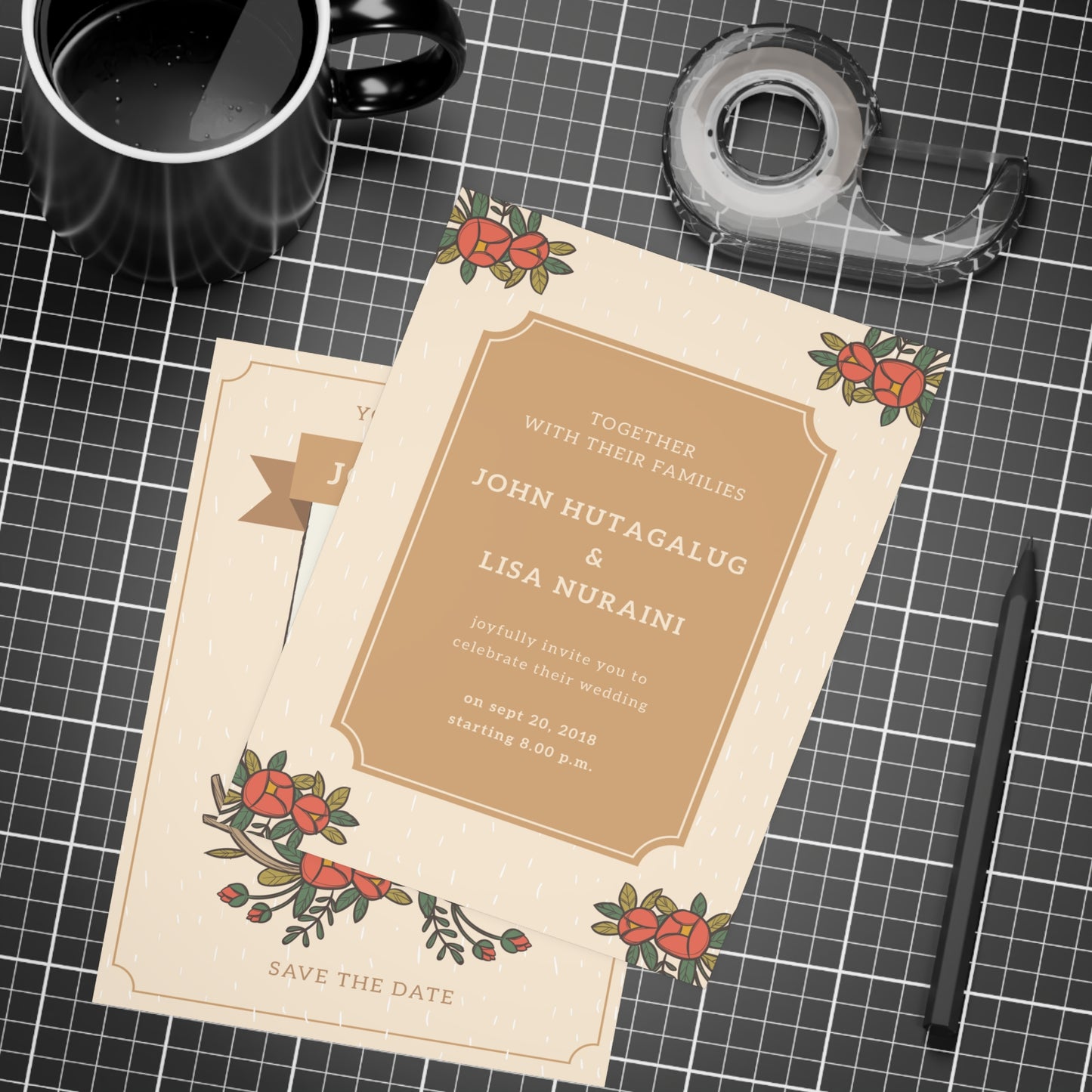 Personalized wedding invitation, bride and groom taking selfies