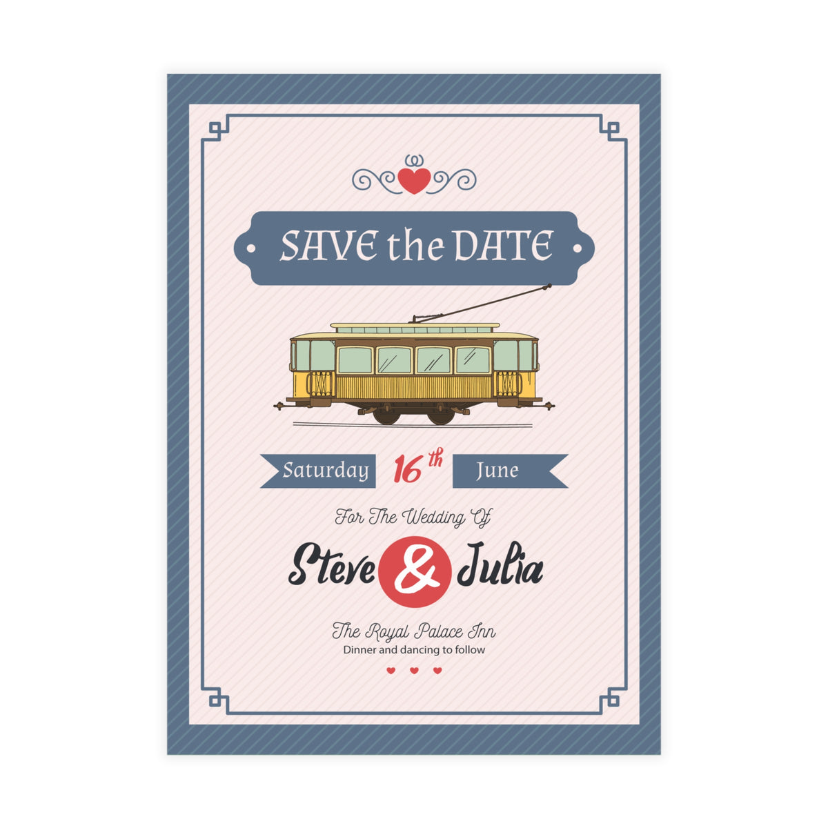 Personalized wedding invitation, bride and groom on a tram