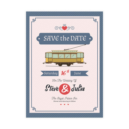 Personalized wedding invitation, bride and groom on a tram