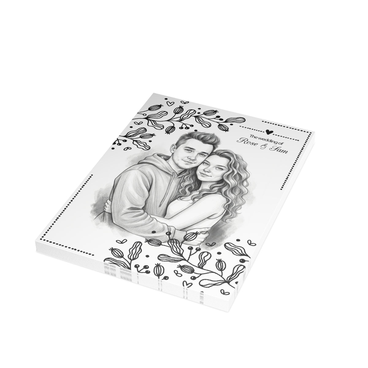 Personalized wedding invitation, charcoal drawing of bride and groom