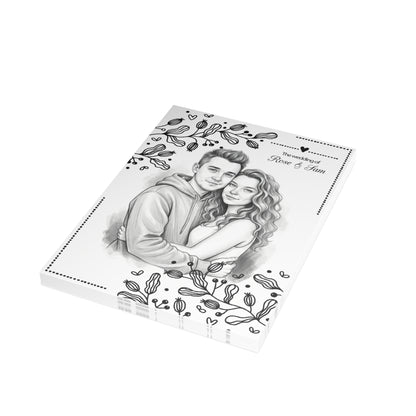 Personalized wedding invitation, charcoal drawing of bride and groom