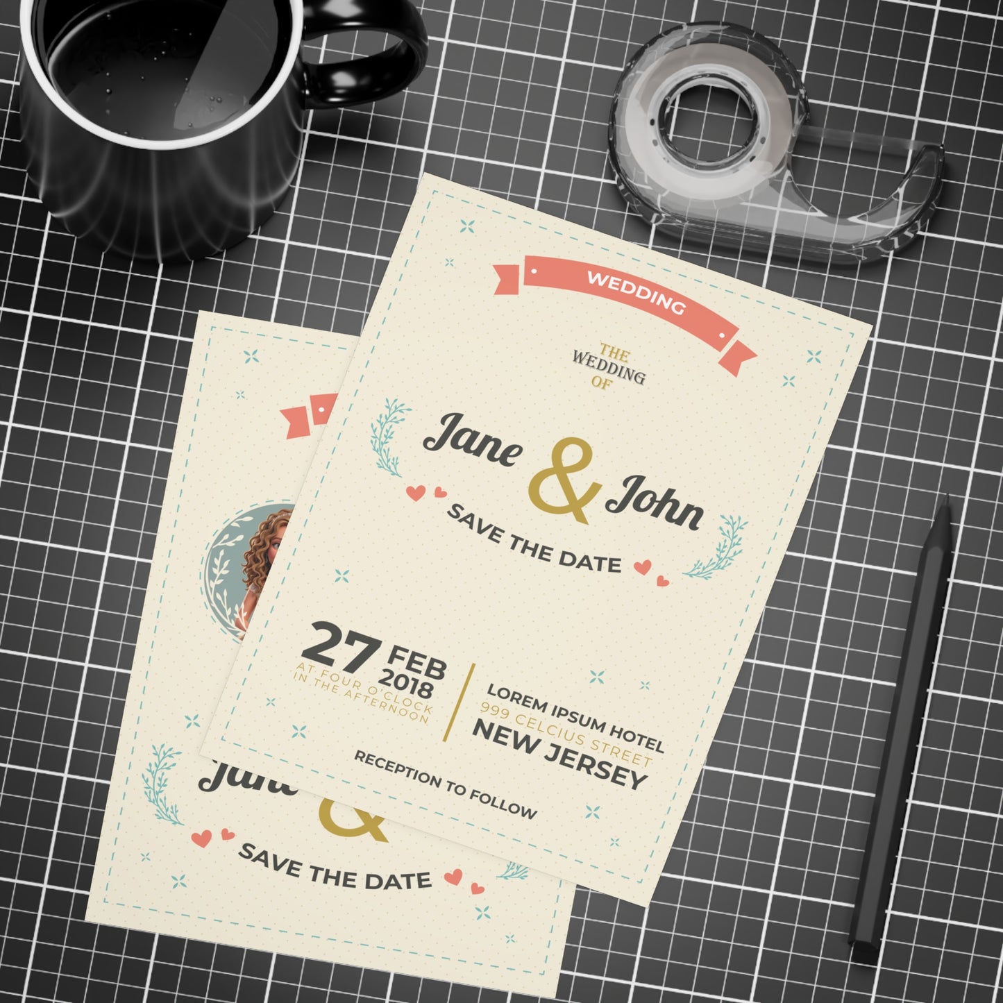Personalized wedding invitation, bride and groom profile photos