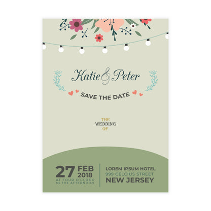 Personalized wedding invitation, bride and groom embracing