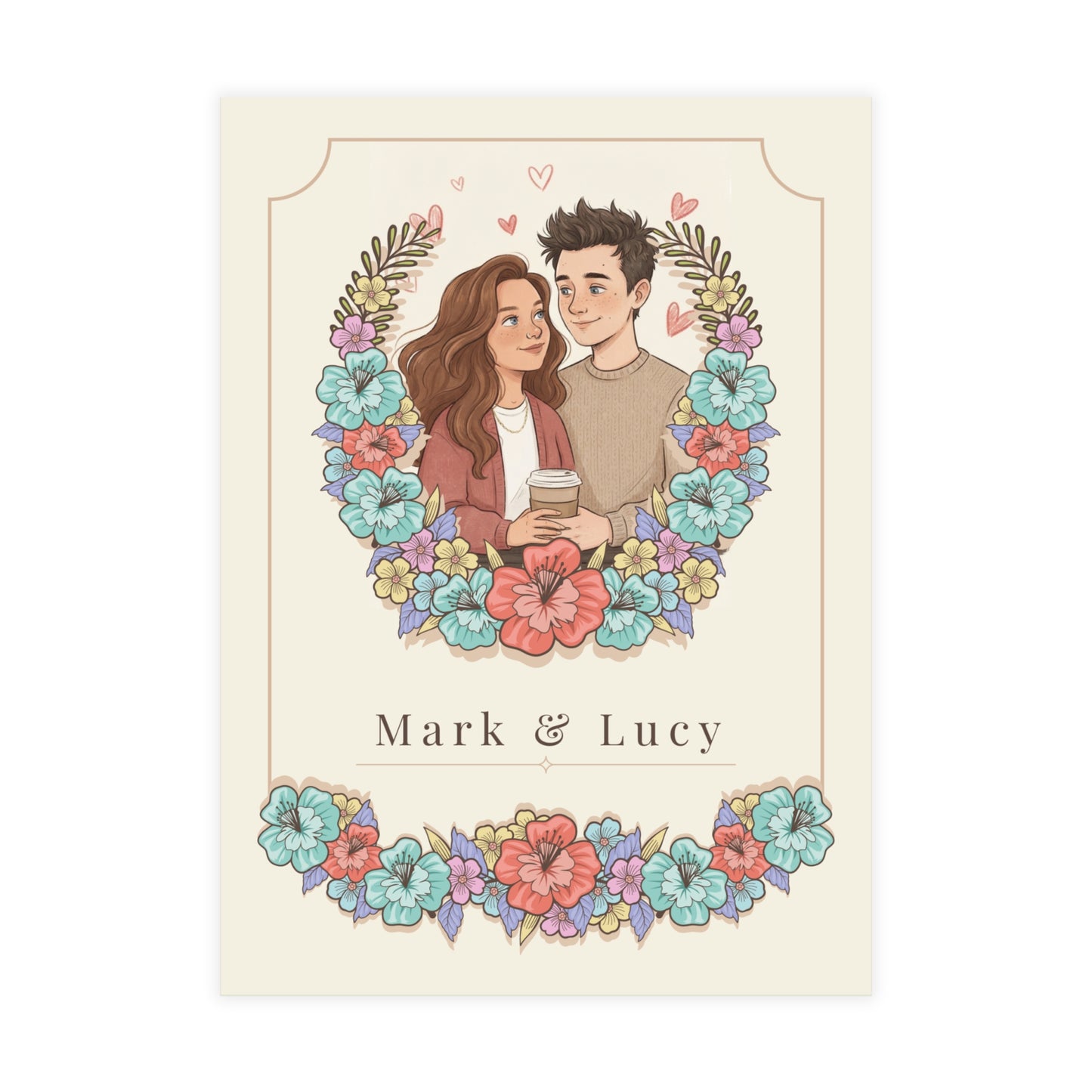 Personalized wedding invitation, coffee and lovers