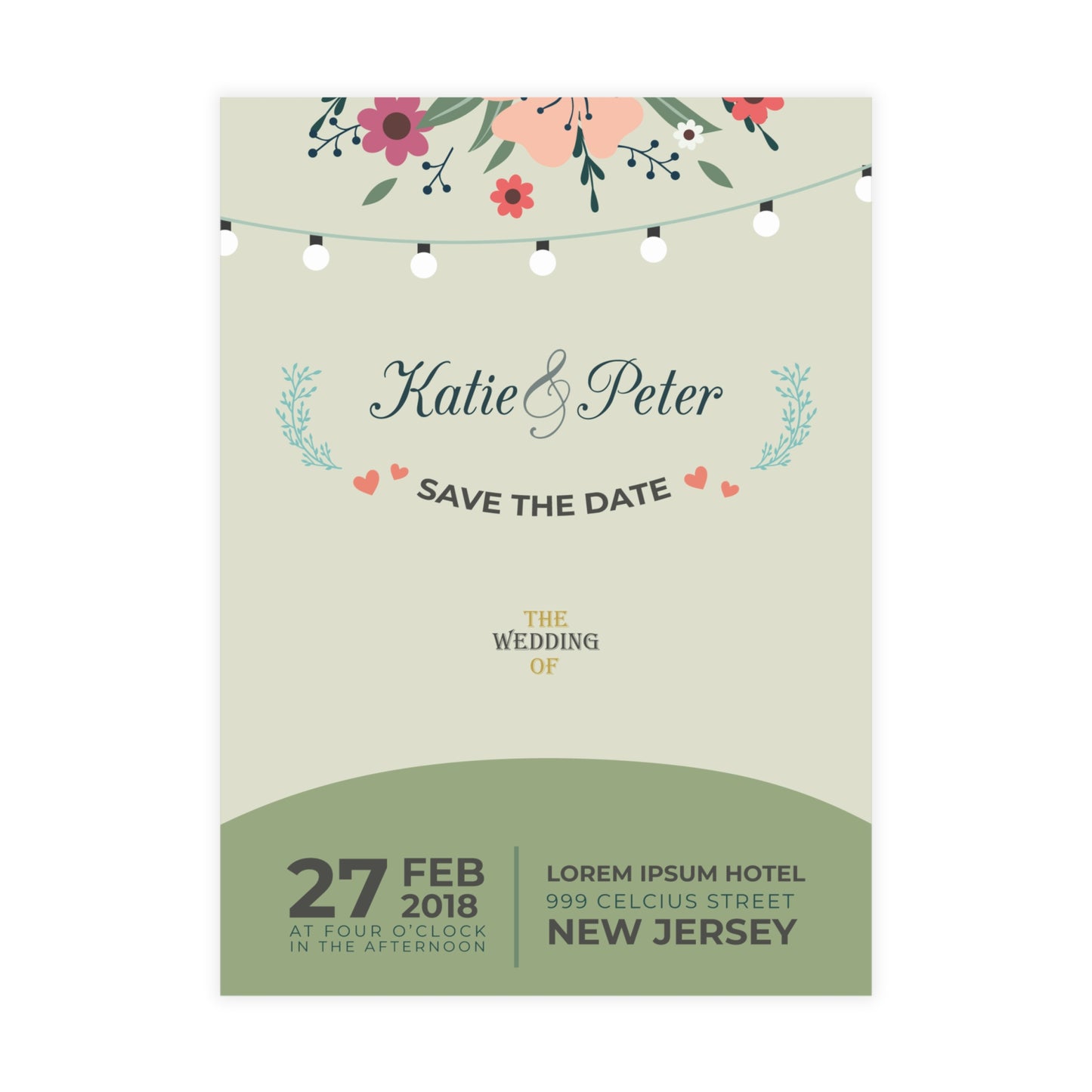 Personalized wedding invitation, happy bride and groom