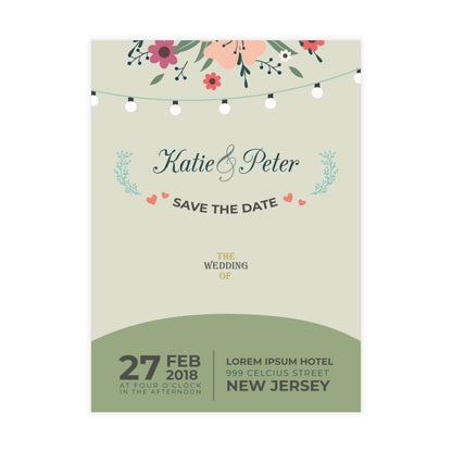 Personalized wedding invitation, happy bride and groom