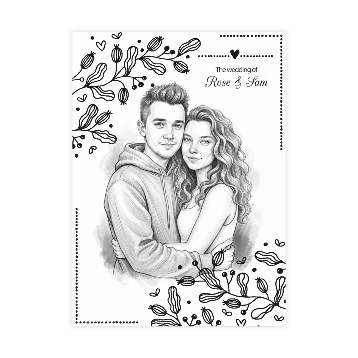 Personalized wedding invitation, charcoal drawing of bride and groom