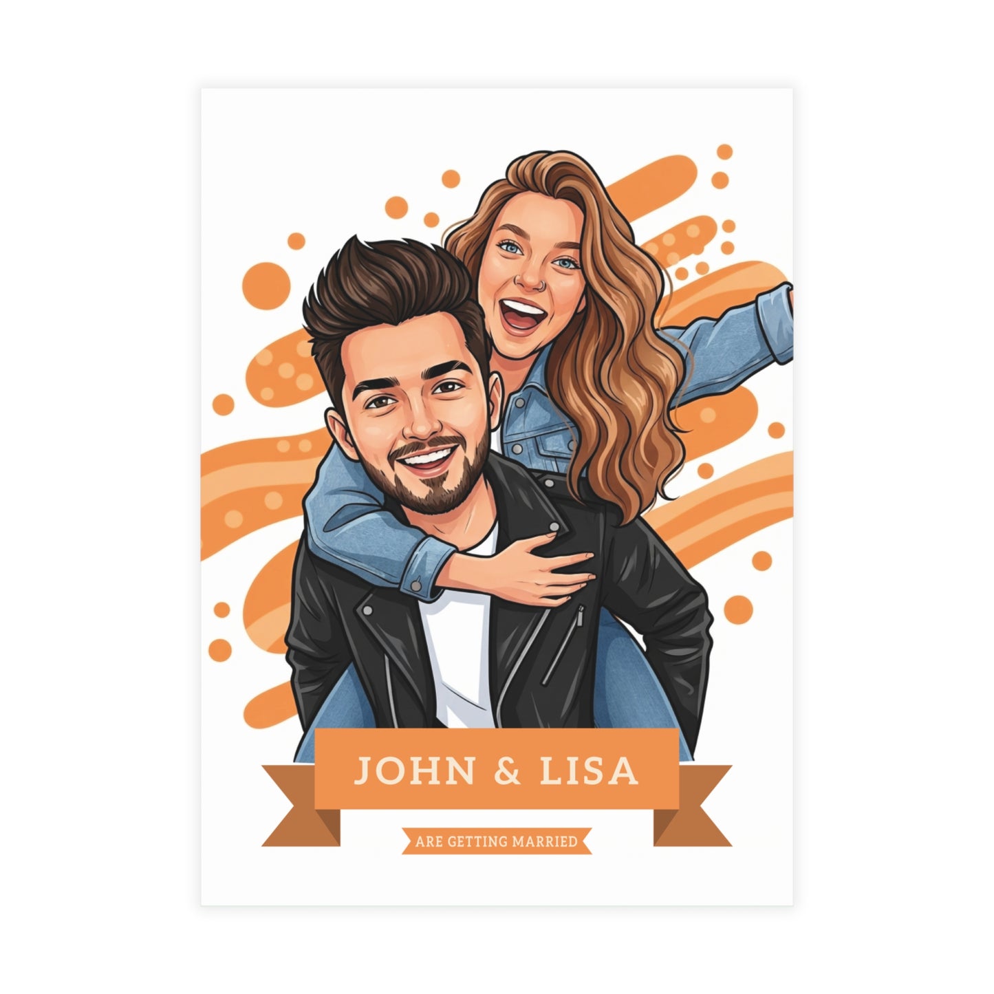 Personalized wedding invitation, bride and groom at the celebration