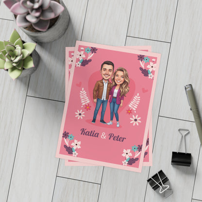 Personalized wedding invitation, bride and groom with pink hearts
