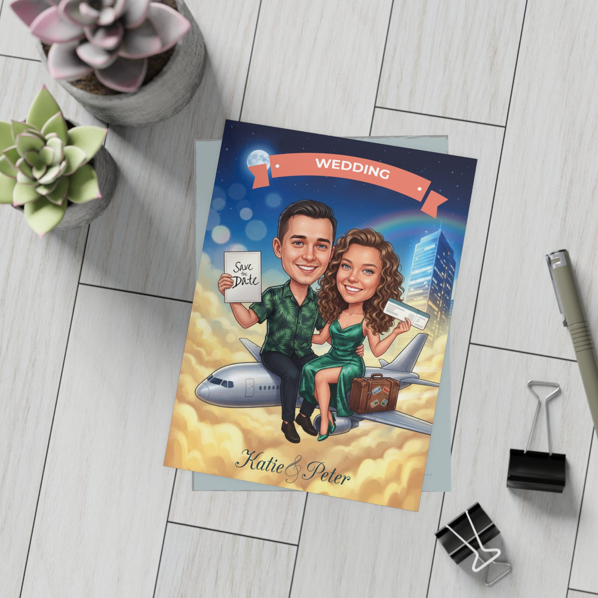 Personalized wedding invitations for a bride and groom who met while traveling