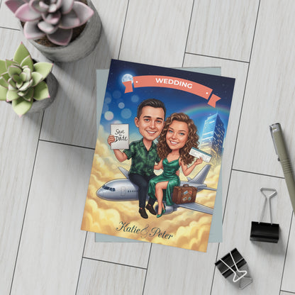 Personalized wedding invitations for a bride and groom who met while traveling